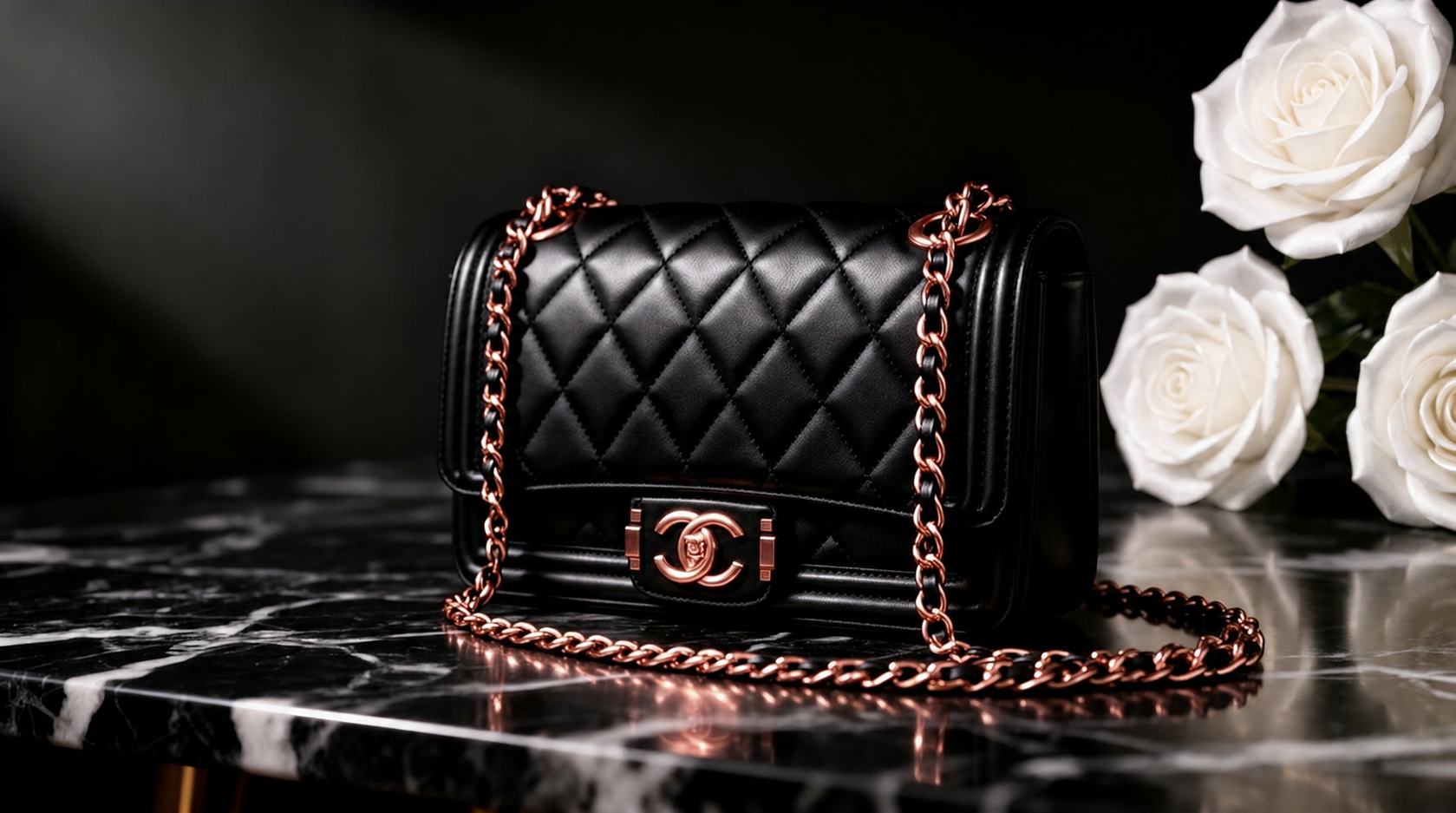 Authenticated luxury designer handbag with rose-gold chain on dark marble surface — Lux D'Oré atelier