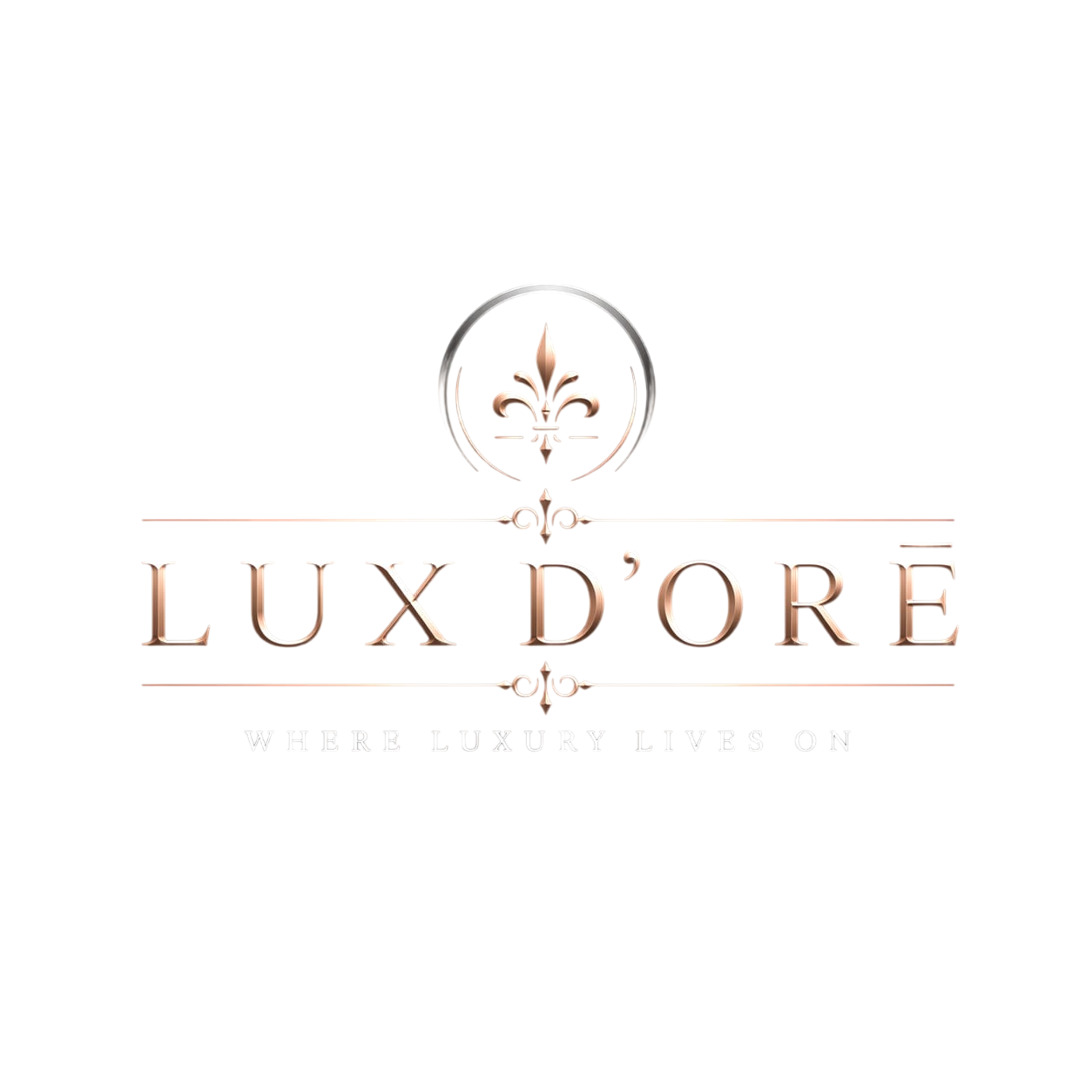 Lux D'Oré — Where Luxury Lives On — rose gold fleur-de-lis emblem